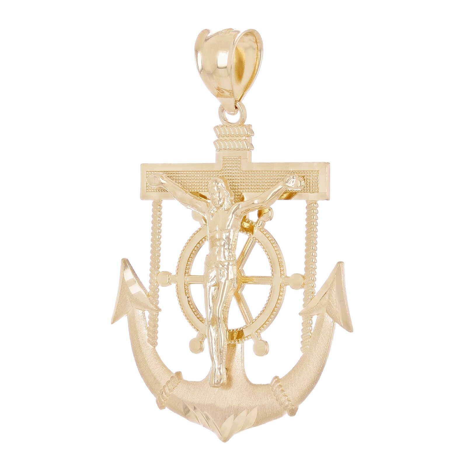 14k Yellow Gold Jesus Christ Cross Anchor Ship Mariners Pendant 2.1″ 6.3 grams