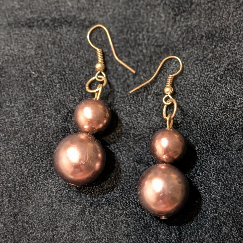 Gold Tone Brown Imitation Pearl Double Bead Dangle/Drop Hook Lobe Earrings