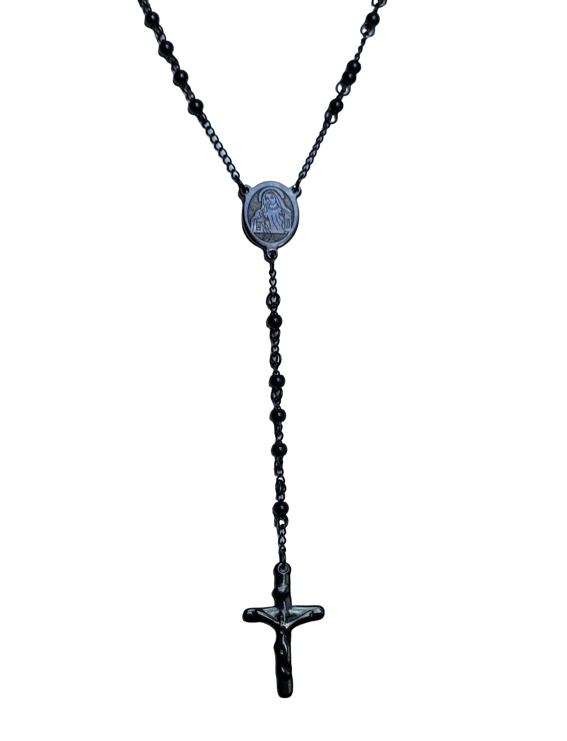 PURE LUX BLACK STAINLESS STEEL ROSARY CROSS NECKLACE – 24″