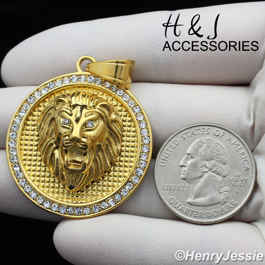 18-36″MEN Stainless Steel 5mm Gold Plated Cuban Curb Chain CZ LION Pendant*GP109