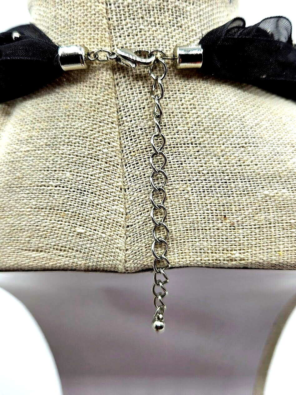 Black Laced Necklace 9 Strands SilverToned Dainty Beaded Cluster Multicolor 16″