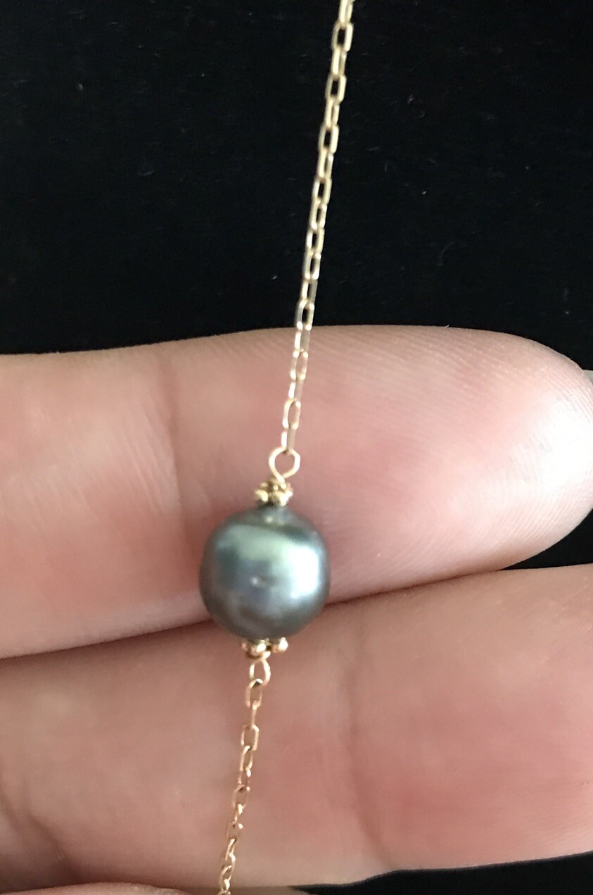 14k Yellow Gold Freshwater Black Gray Pearl Floating Station Necklace Choker 17”
