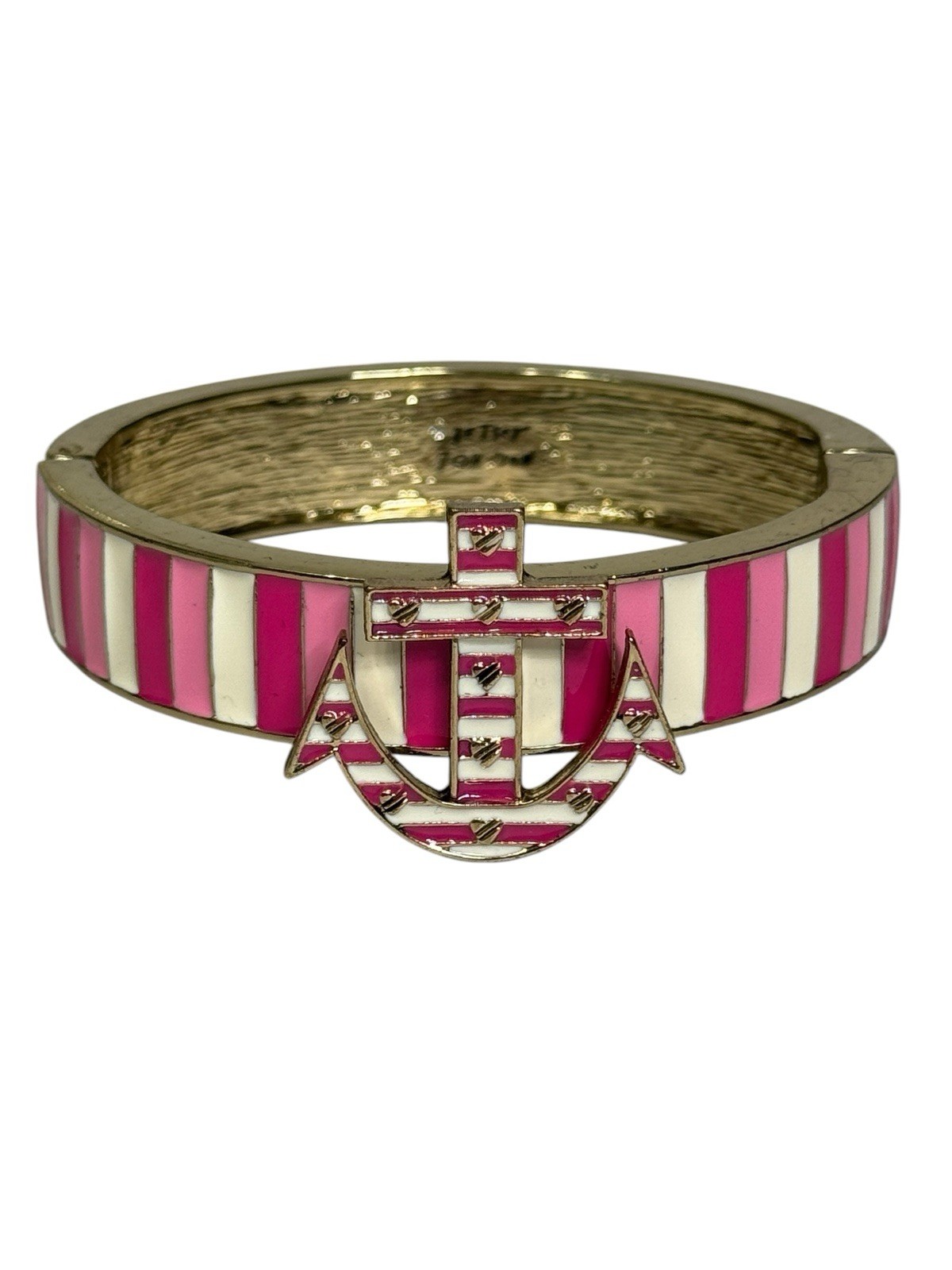 Betsey Johnson Nautical Pink & White Hinged Cuff Bangle Bracelet Anchor