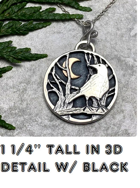 RAVEN CROW CRESCENT MOON TREE Black 3D Pendant 24″ 925 Sterling Silver Necklace