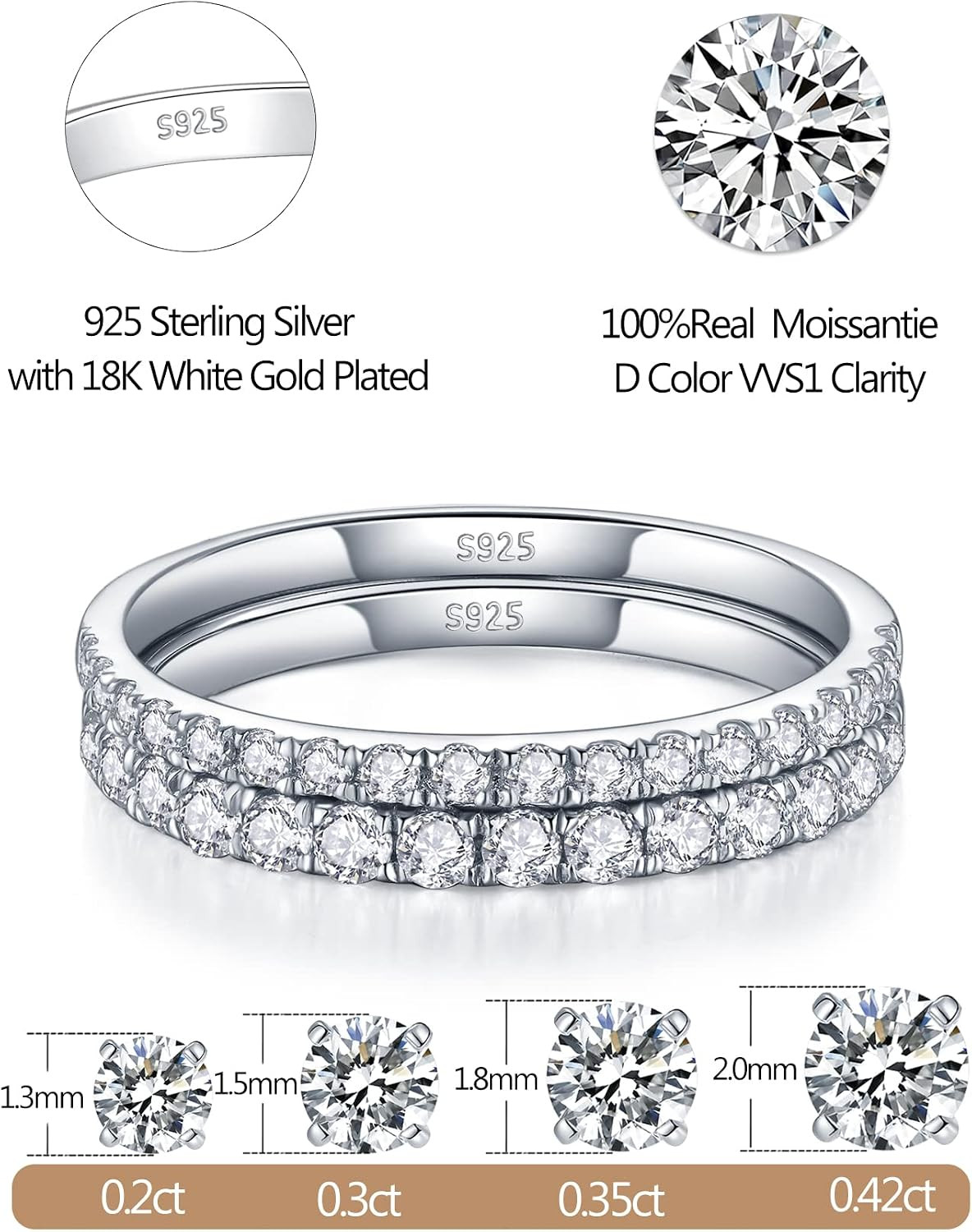 Moissanite Wedding Rings 925 Sterling Silver 18K White Gold Plated size 6