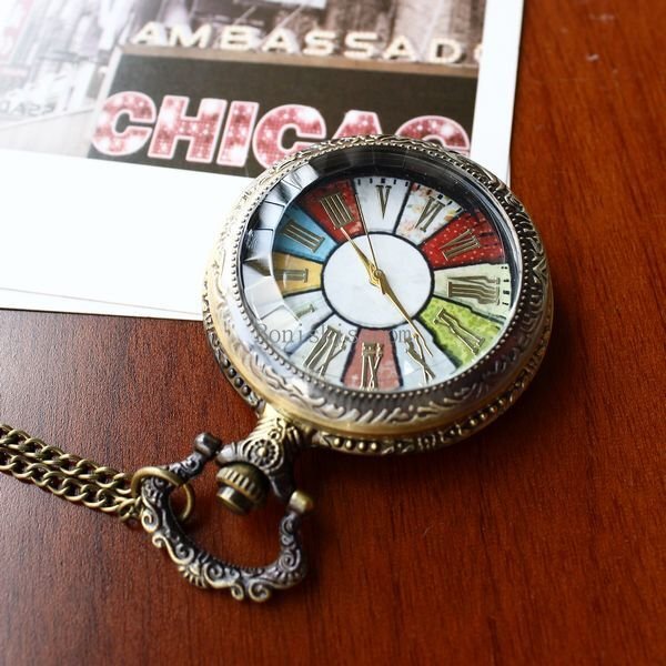 Retro Bronze Tone Wheel Rome Steampunk Quartz Pocket Watch Pendant Necklace