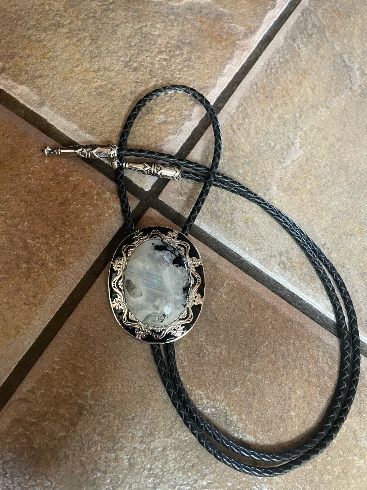 Bolo Tie With High Dome Moonstone & Tourmaline Gemstone