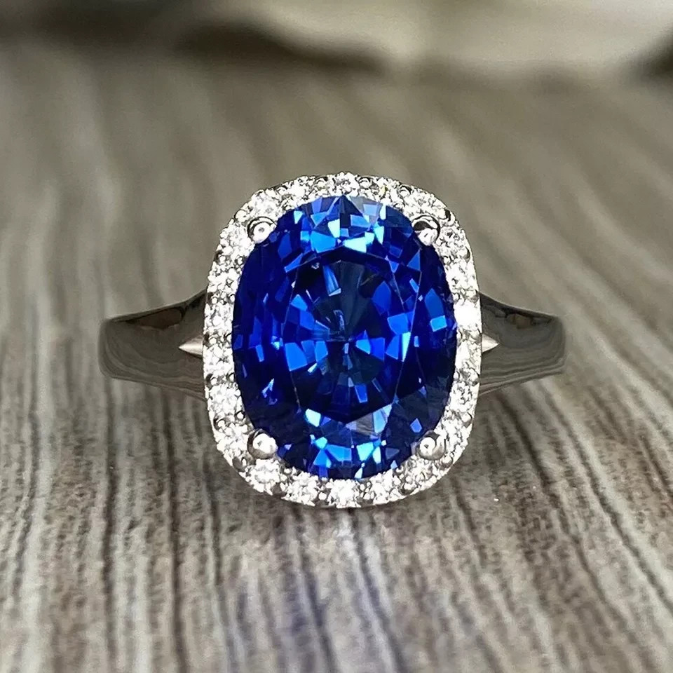 5.35 Ct Oval Natural Sapphire & Diamond Wedding Ring 14K White Gold Size 8