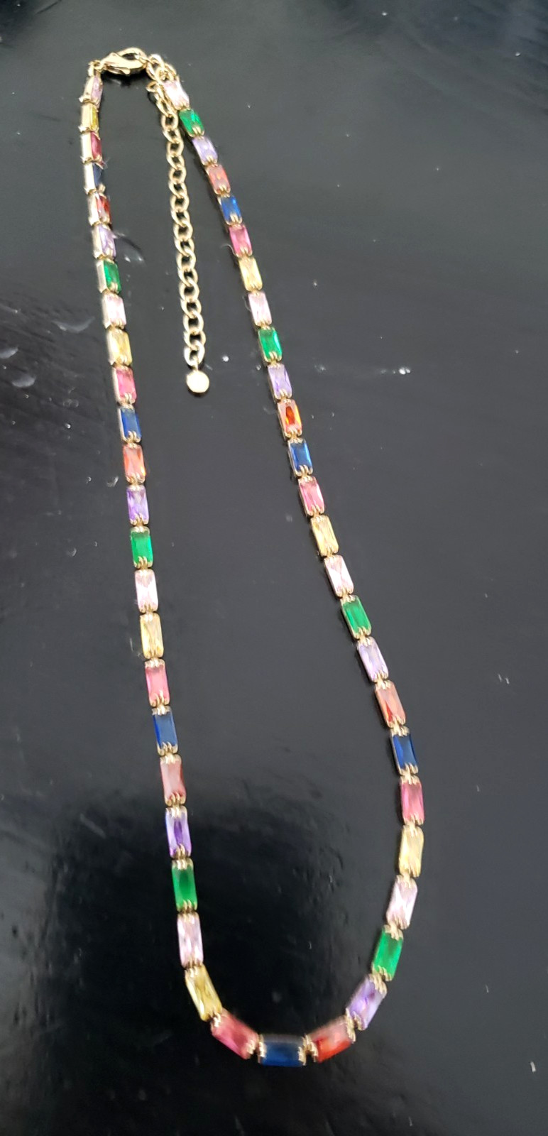 Gold Plated Brass Tennis Necklace Vibrant CZ Stones Emerald Cut 13 1/2″ Adjustab