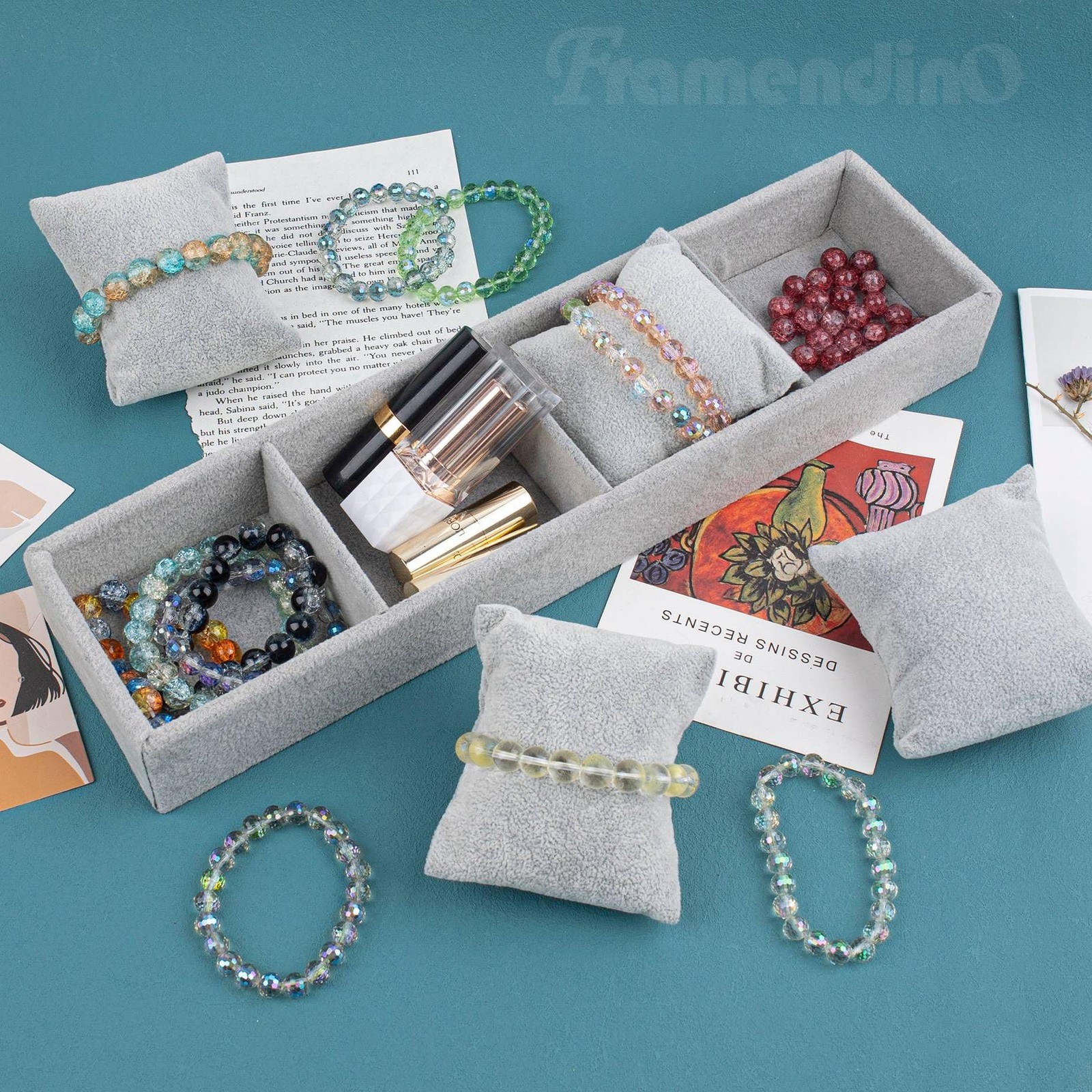 Framendino, 4 Slots Velvet Tray Jewelry Organizer with Pillow for Display Bra…