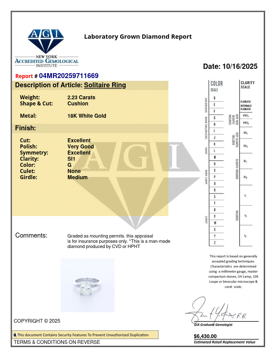 Solitaire Engagement Ring 18K Gold 2.23 Carat Cushion Lab-Grown Diamond G SI1
