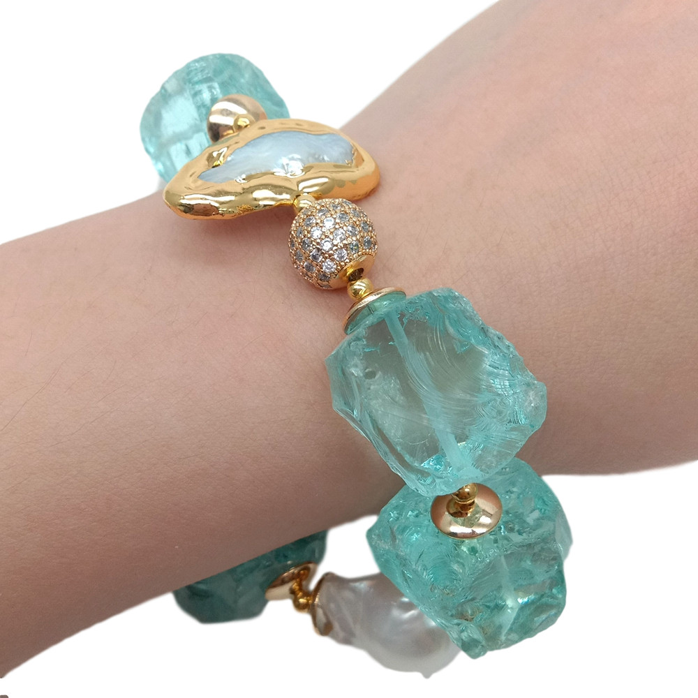 Cultured White Keshi Pearl Biwa Pearl Blue Glass Rough Bracelet 8″