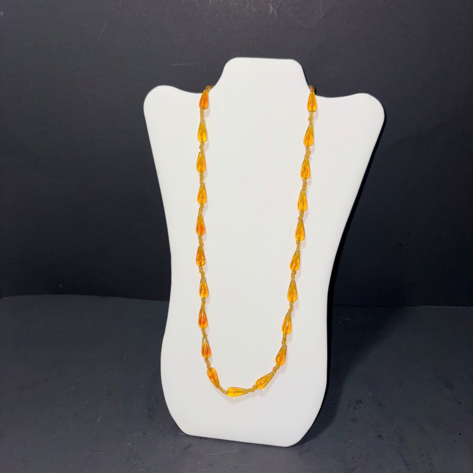 Vtg Amber Glass Teardrop Bead Necklace Yellow Honey Translucent 26″