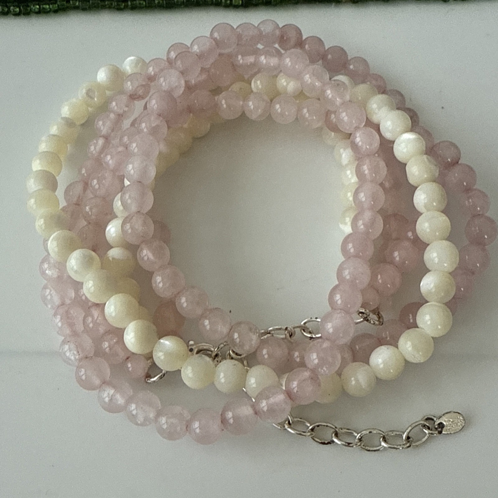 GSJ CN 925 3 Strand Rose Quartz &mother of Pearl Round Beads Necklace 18”