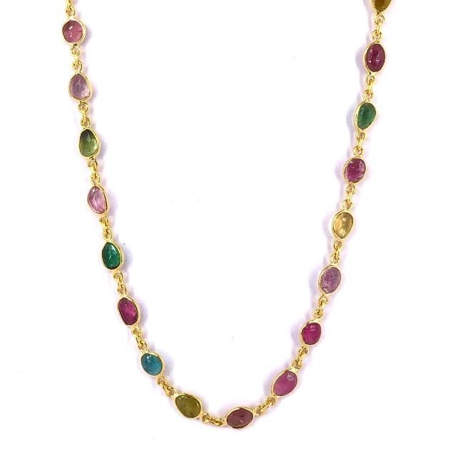 Multi Tourmaline Handmade Gold Polish 925 Sterling Silver Necklace 18″, Gift Her