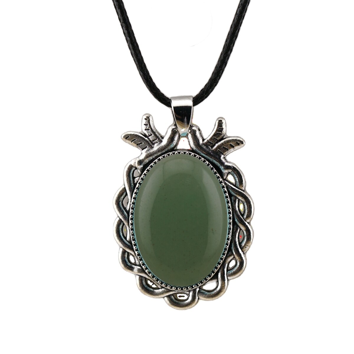Natural Gemstone Oval Pendant with Lace and Bird Feather Wrapped Necklace