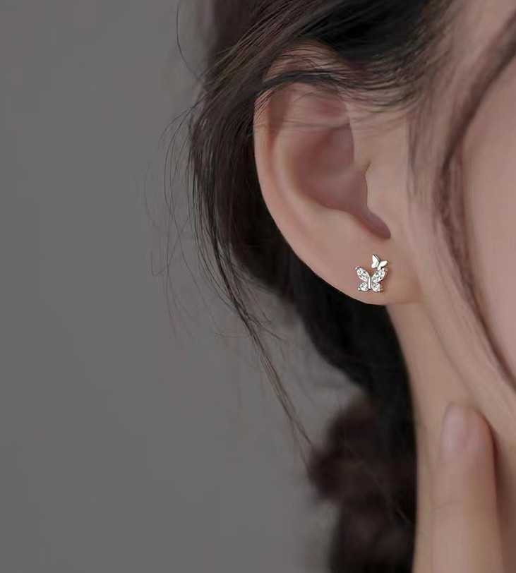 925 Sterling Silver Post Tiny Small Butterfly CZ Stud Earrings 8mm Gift I107