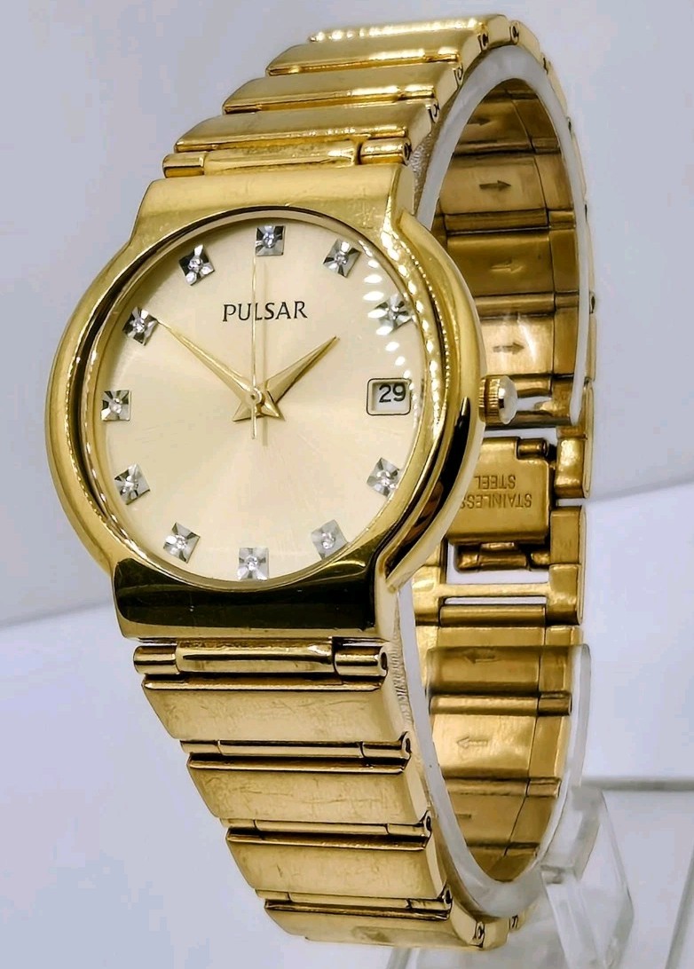 Women’s Pulsar All Stainless Steel Champagne Dial Gold Tone Date Quartz Watch