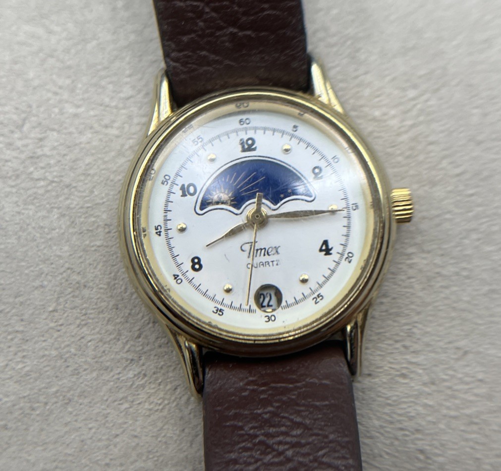 Timex 364 T Cell Moon Phase Quartz Wristwatch Gold Tone Brown Leather Band