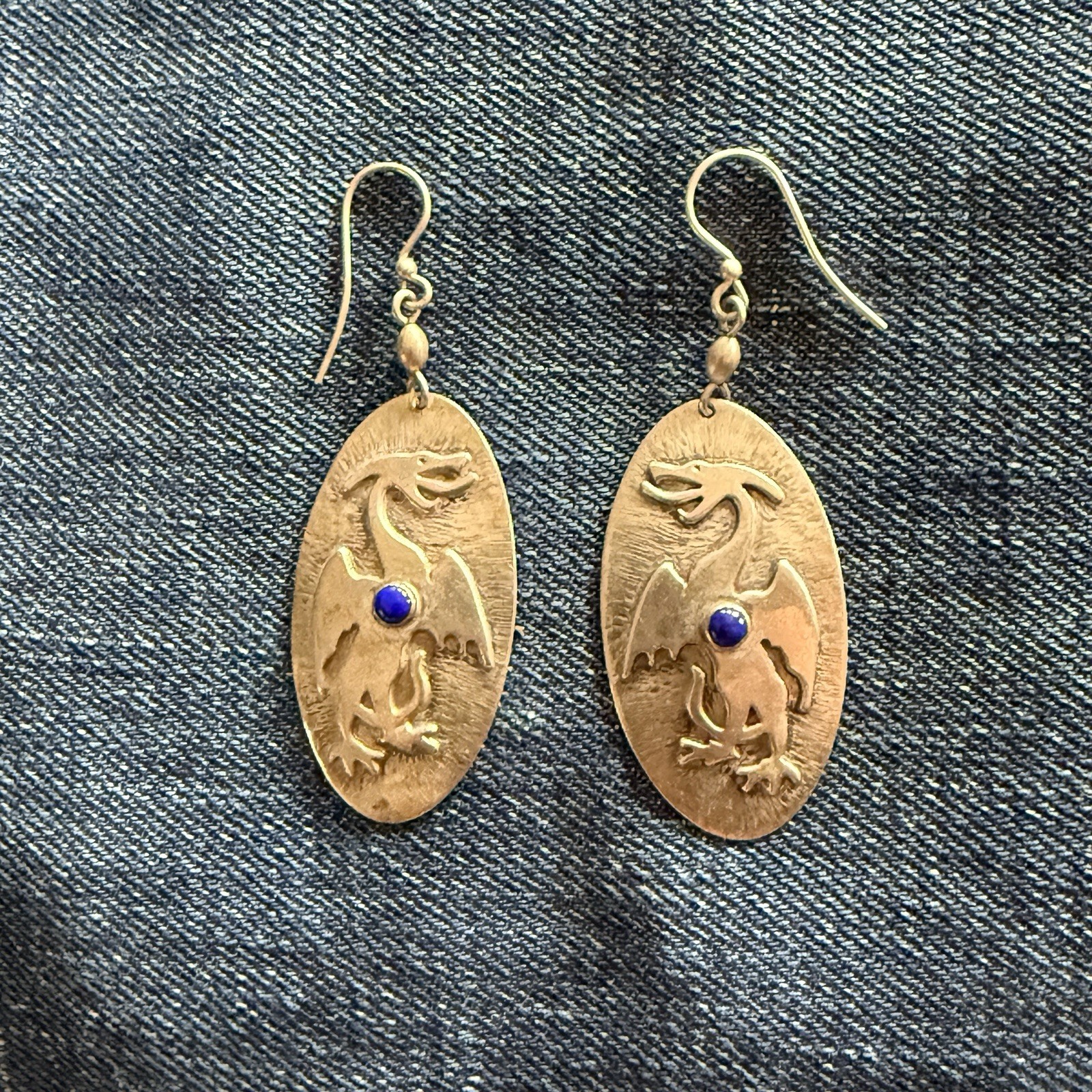 Vintage Sterling Silver Dragon Earrings Lapis Lazuli Heavy 11.7g Dangle 925