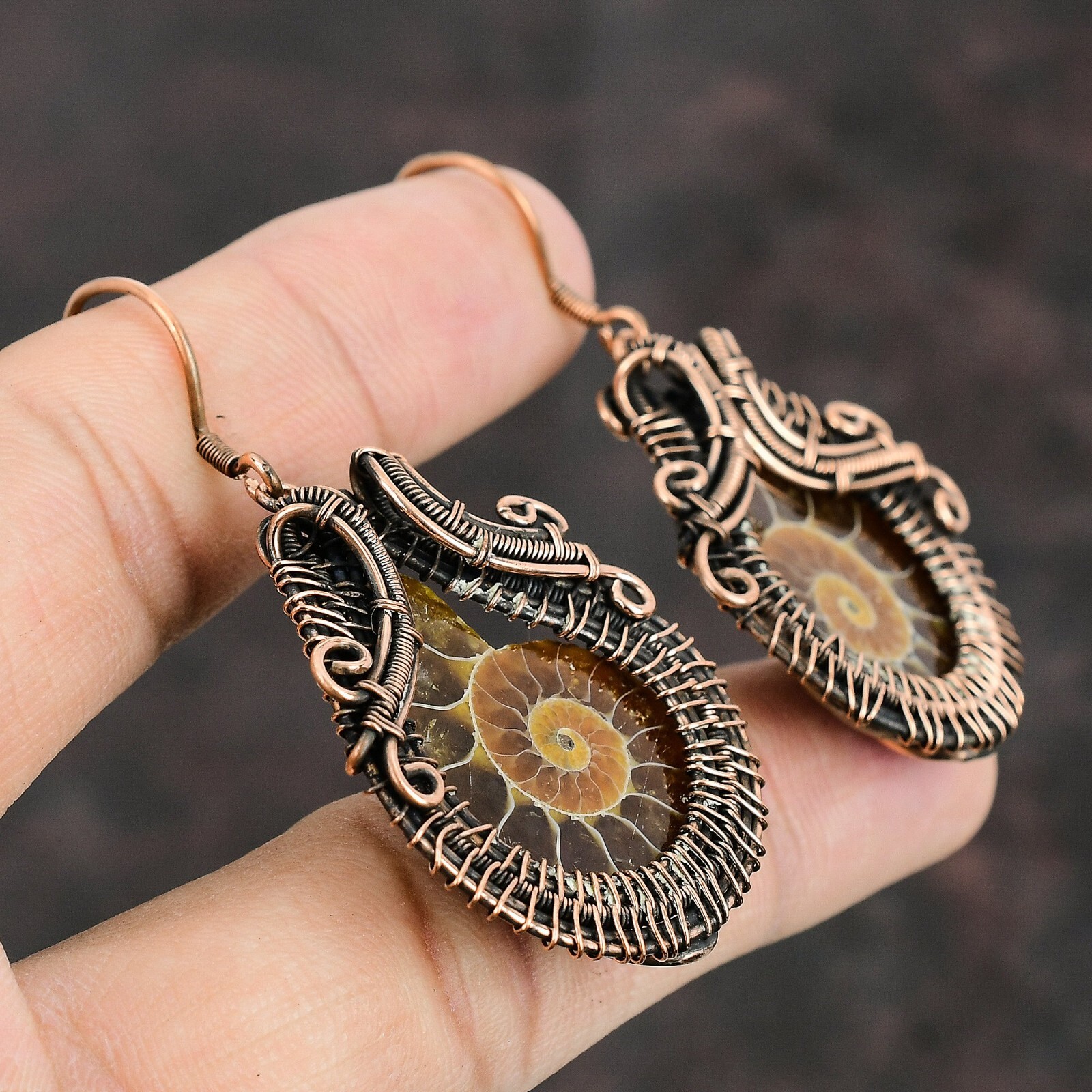 Ammonite Fossil Copper Valentine Gift Wire Wrapped Drop/Dangle Earrings 2.24″