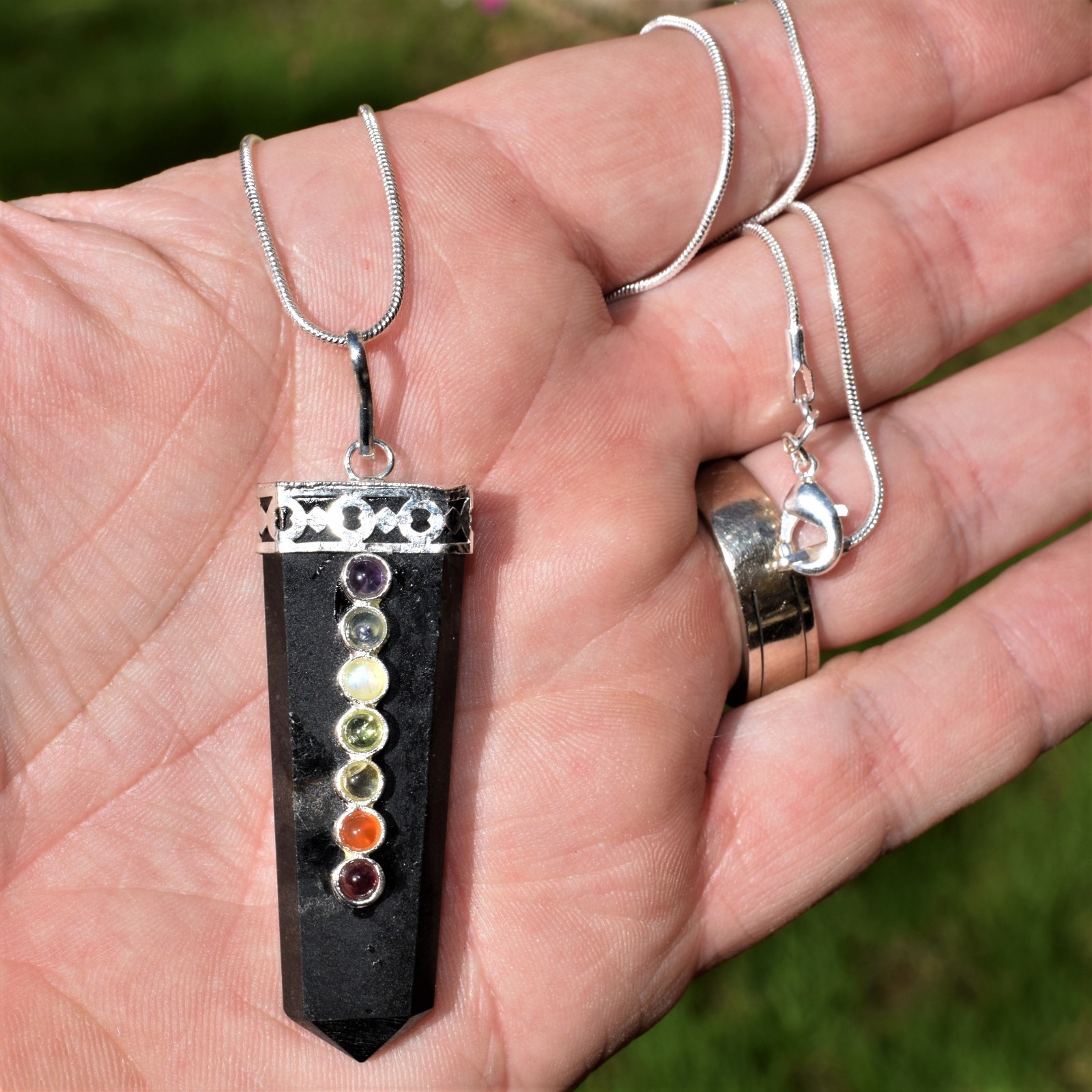 CHARGED 7 Chakra Himalayan Black Tourmaline Pendant + 20″ Stainless Steel Chain