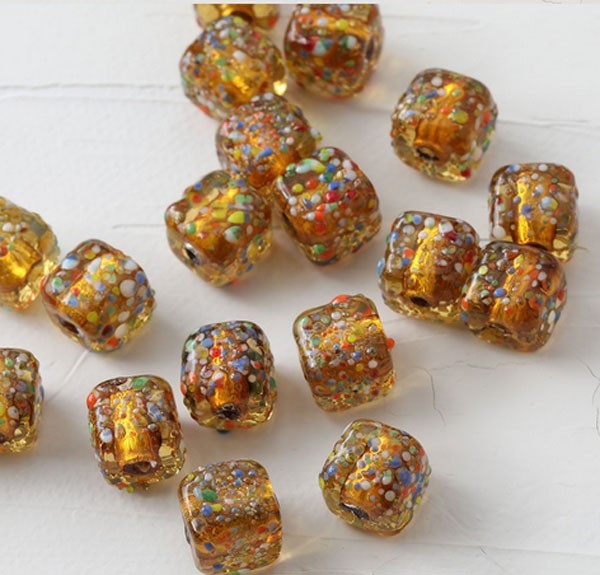 10pcs handmade Lampwork glass cubic Beads 10.6*10.6mm—Gold colorful dot