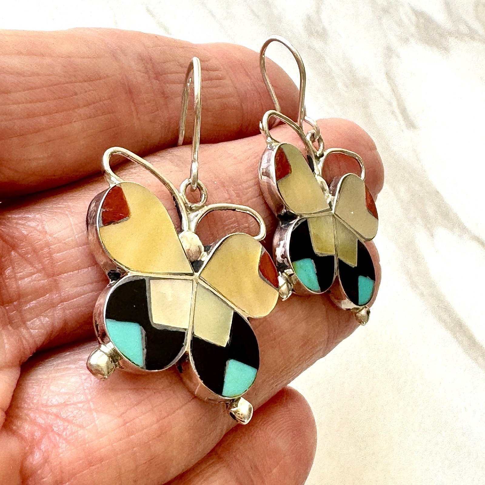 Zuni Butterfly Turquoise Earrings Multi Stone Inlay Signed Dishta Sterling Bug
