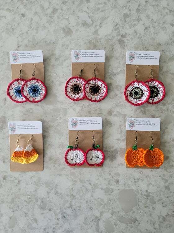 Crochet Earrings Blue Brown Green Eyeballs Apples Pumpkins Candy Corn Handmade