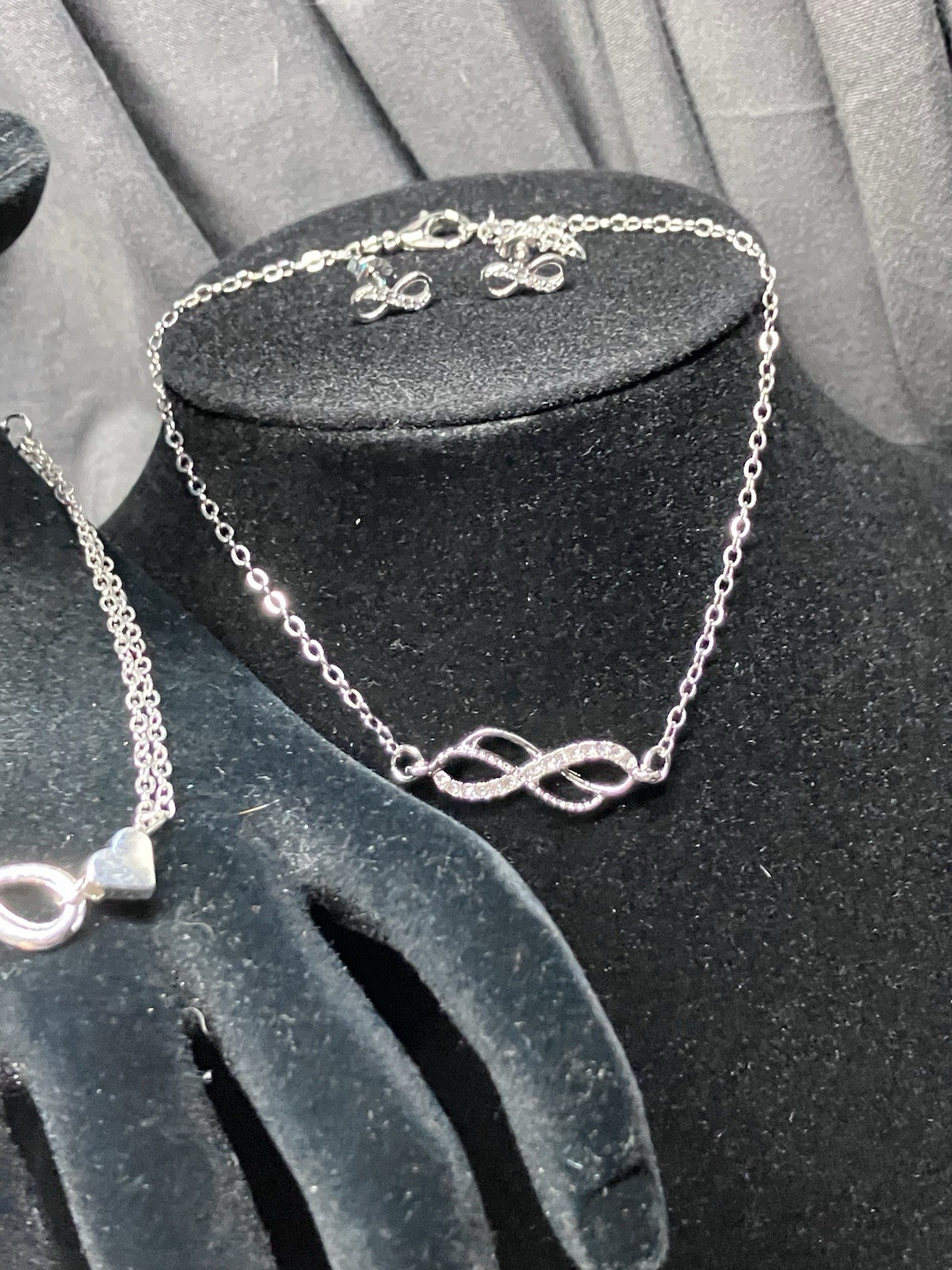 Womens Infinity Silver plated bracelet with stainless steel cz anklet + earrings