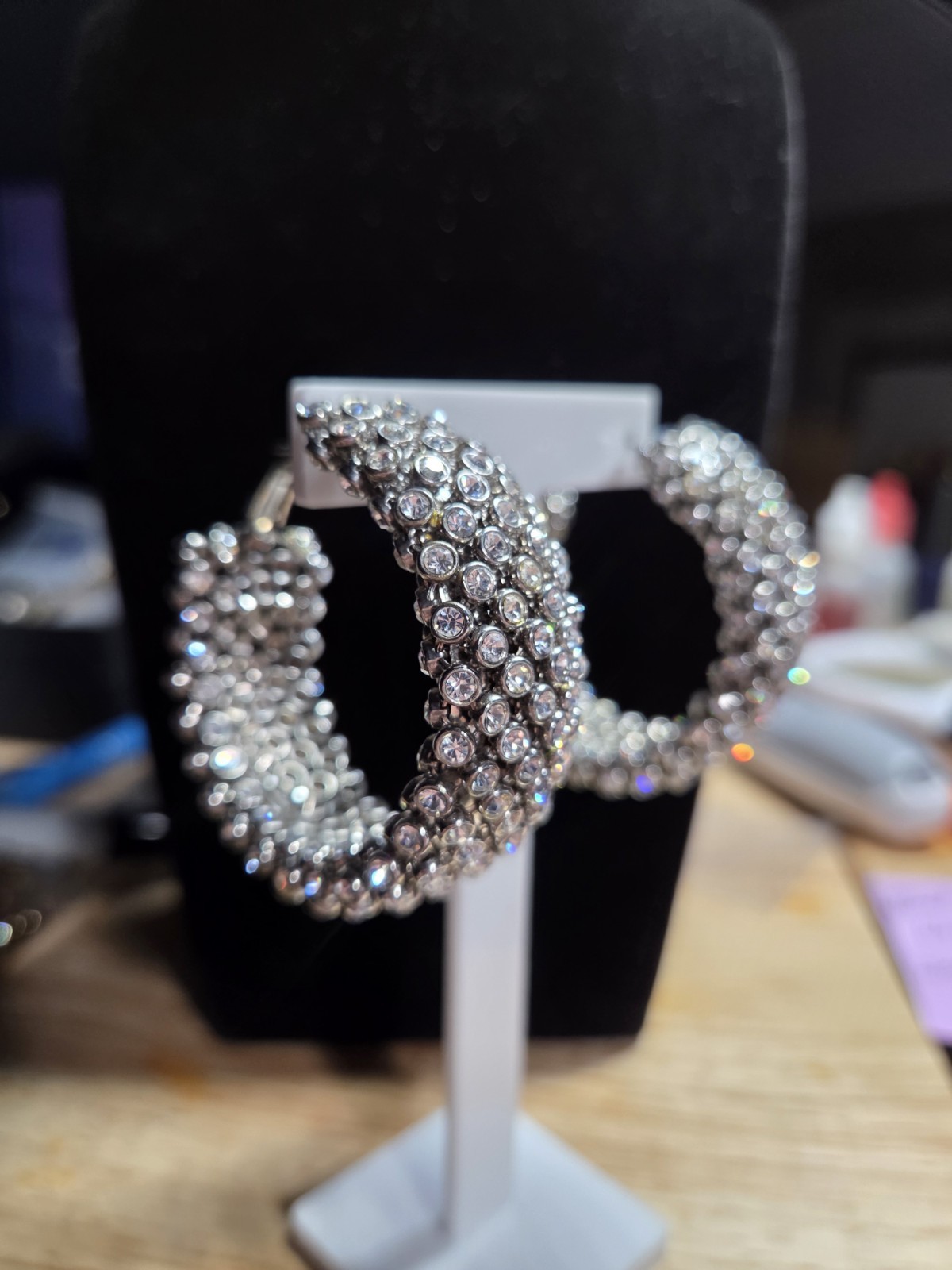 Silver Tone Clear Rhinestone Wide Hoop Earrings 2″ Sparkly Latch Back