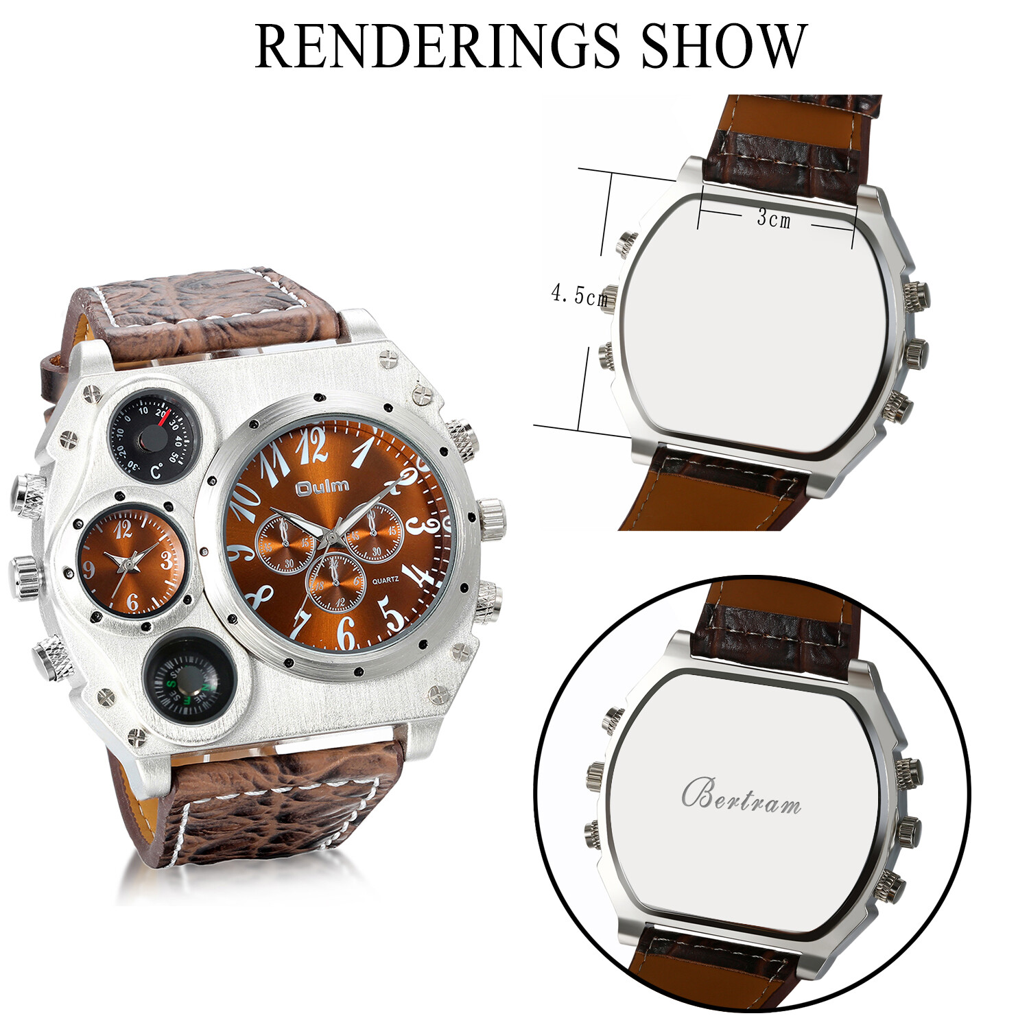Men’s Sport Army Multi-functional 2 Time Zones Dial Leather Quartz Wrist Watch