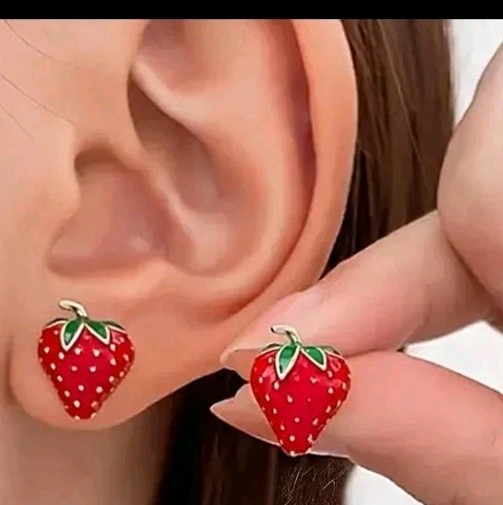 Set Of 5 Micro Mini Stud Earrings, Fruits Embellished With Rinestones. Goldtone