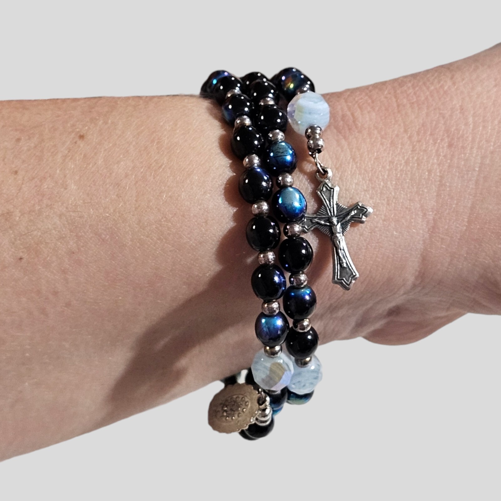 Religious Charm Beaded Coil Wire Wrap Cuff Bangle Bracelet One Size