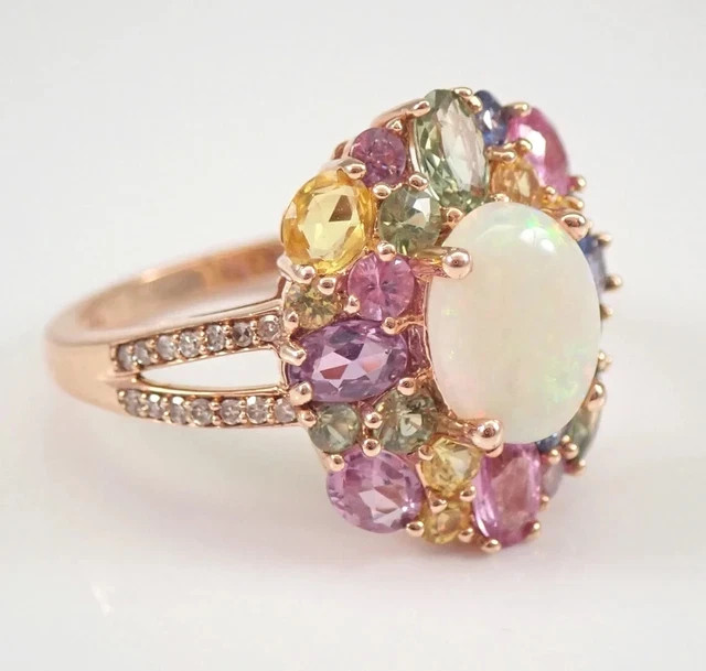 14K Rose Gold Plated 3Ct Oval Opal Multi Color Sapphire Halo Engagement Ring