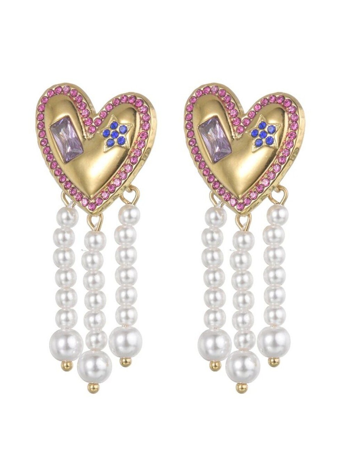 Gold-Tone Patriotic Heart & Pearl Tassel Earrings – 4th of July –Stainless Steel