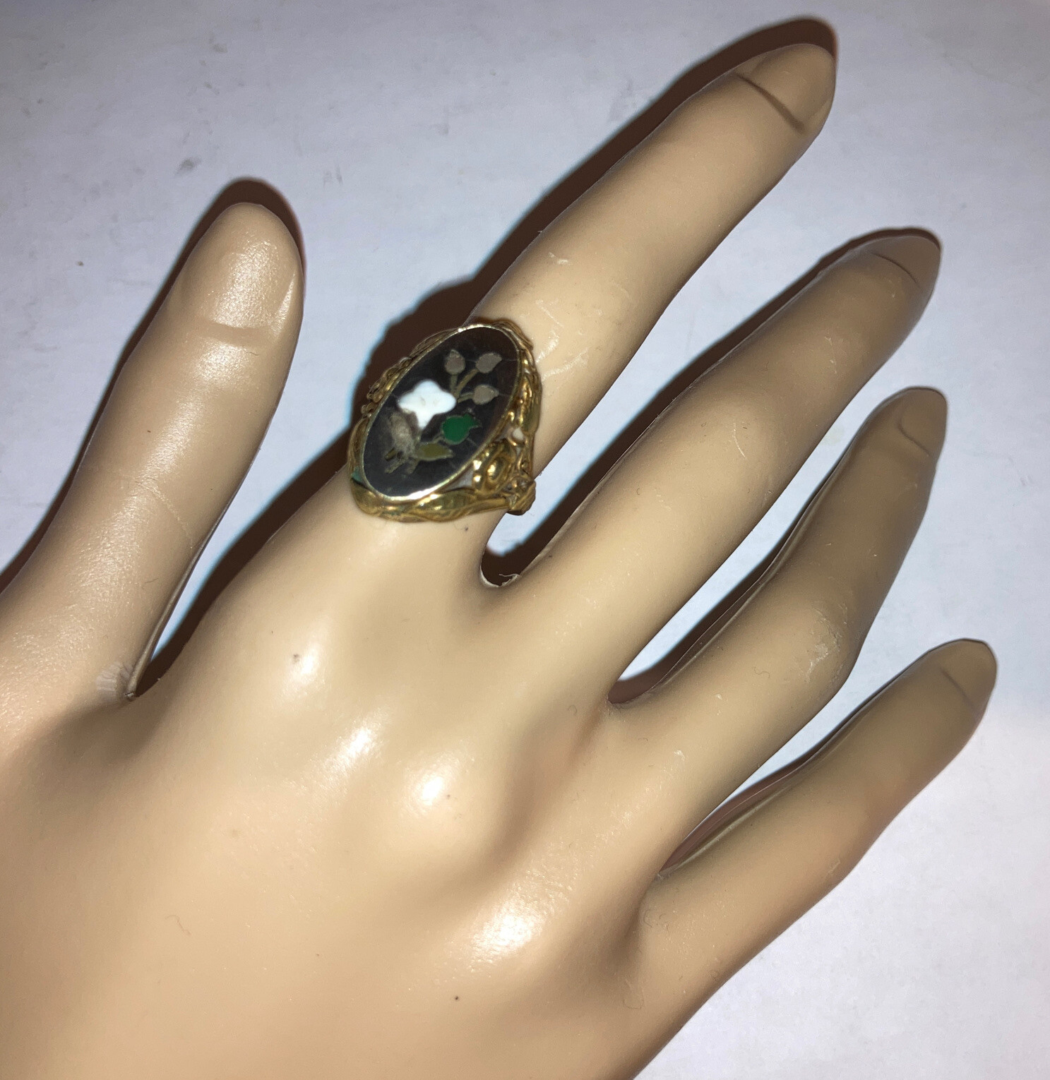 Antique Victorian 14k Gold Pietra Dura Flower Ring Size 6