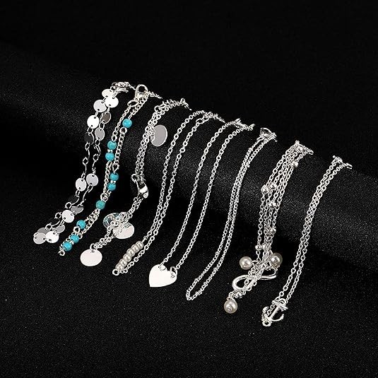 Softones 16Pcs Ankle Bracelets for Women Gold Silver Two Style Chain A:Silver