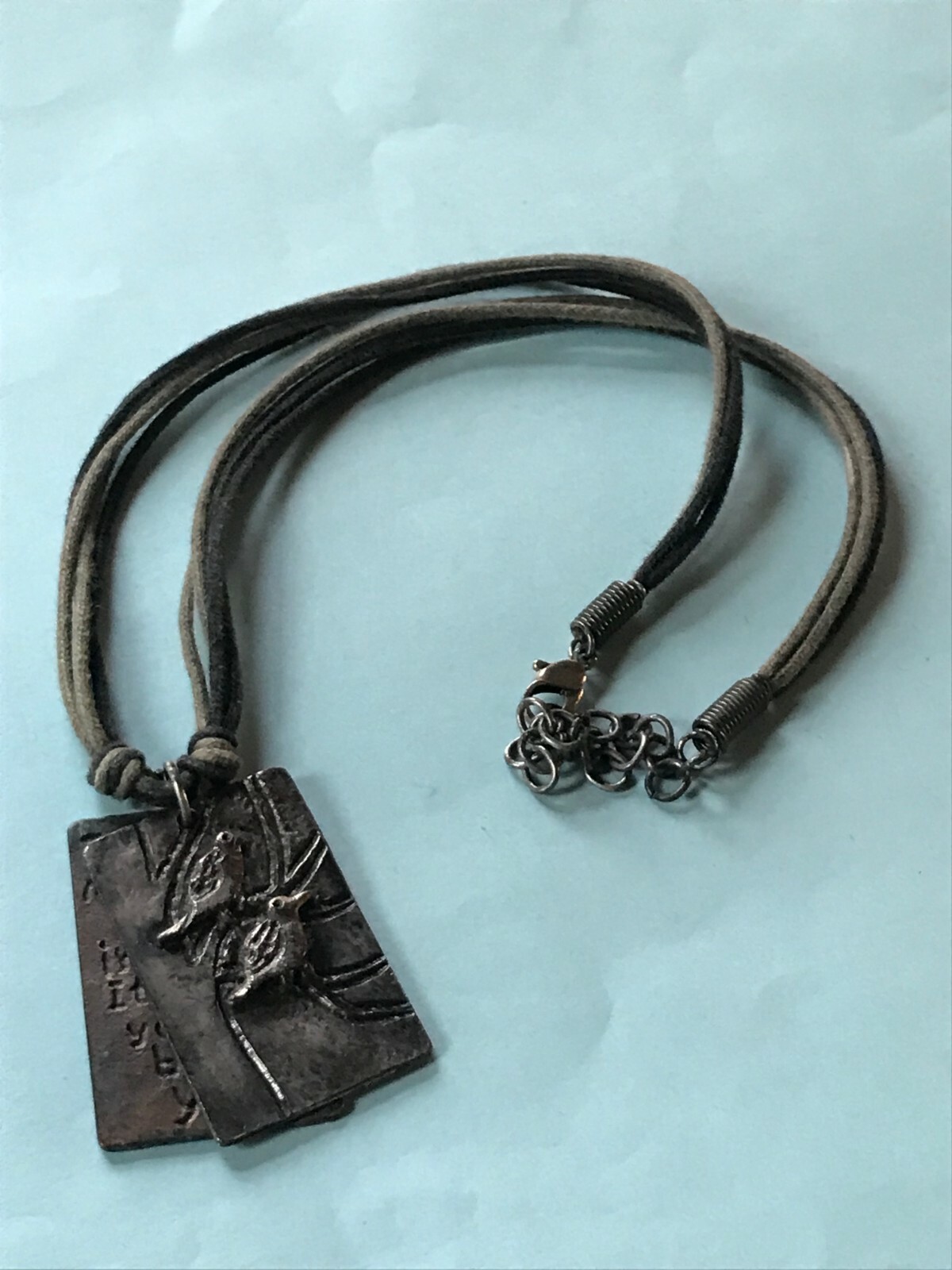 Olive Green & Black Multistrand Cord w Oxidized Silvertone Birds w Saying Rectan