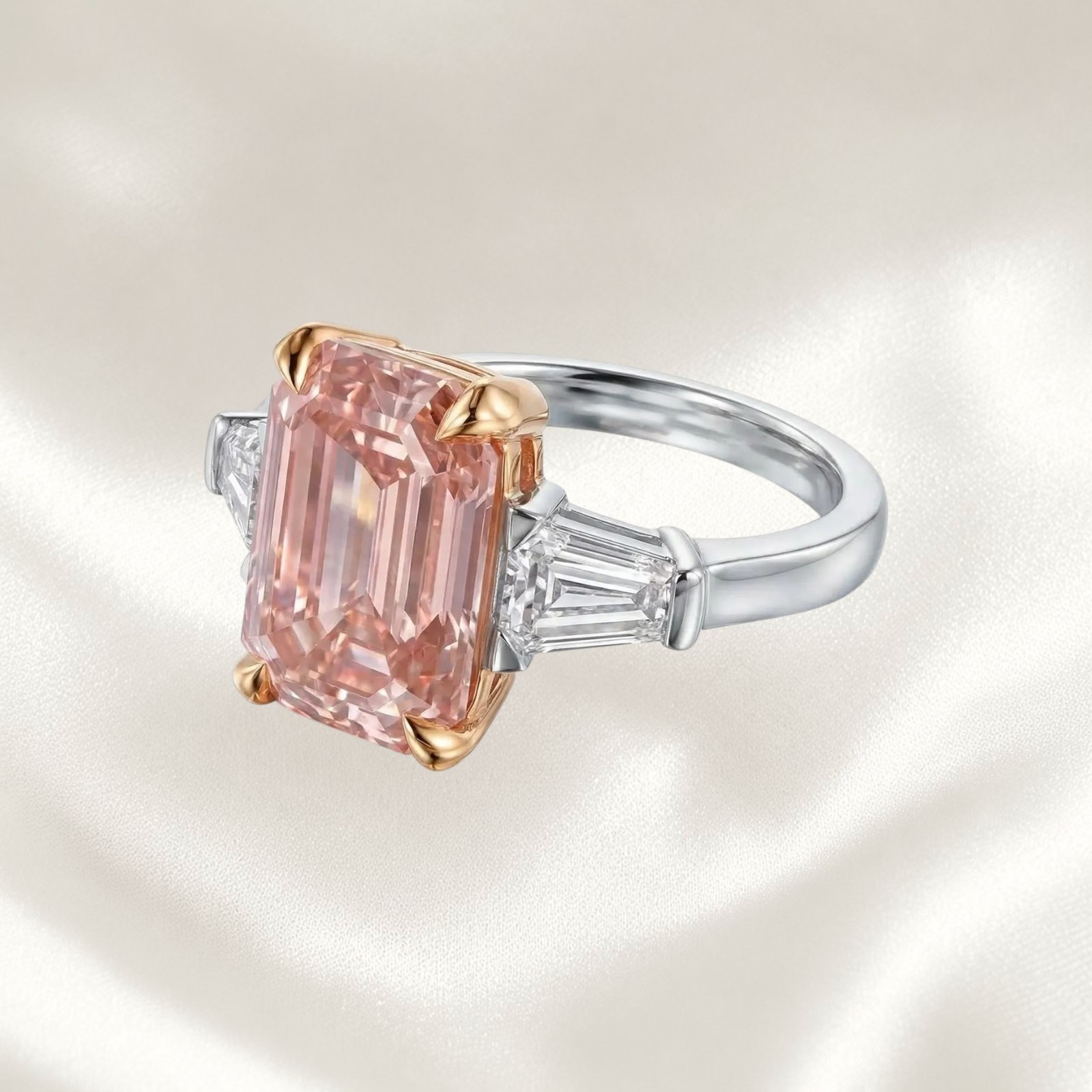 Fancy Vivid Pink IGI Lab Created Diamond Ring 2.30 CT Emerald Cut 18K Multi Gold