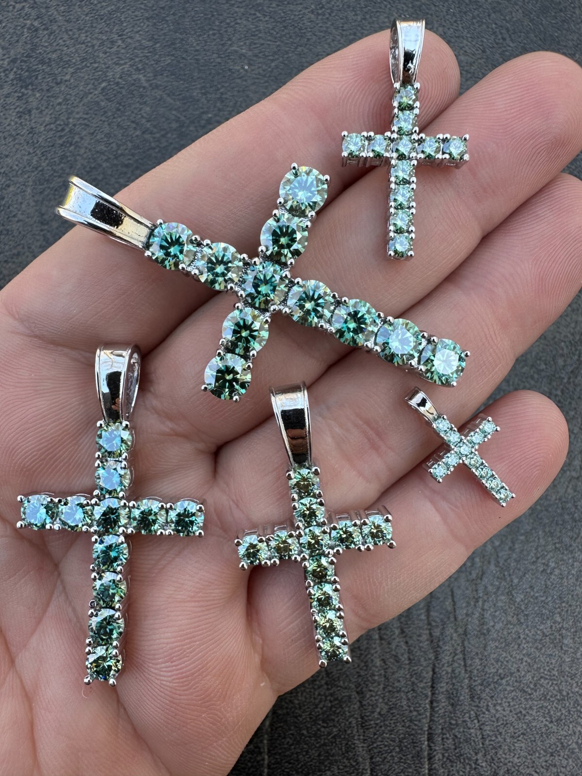 Green Blue MOISSANITE Real 925 Silver Tennis Cross Iced Pendant Necklace Hip Hop