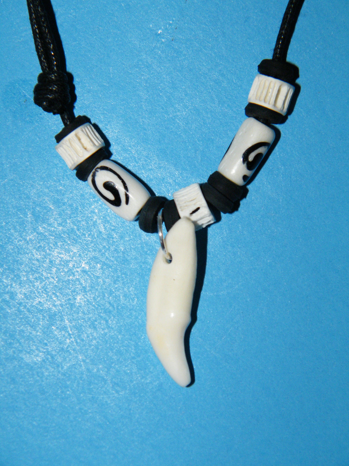 White Coyote Tooth Necklace REAL Teeth Black White Beads 16″-28″ Black Cord NEW!