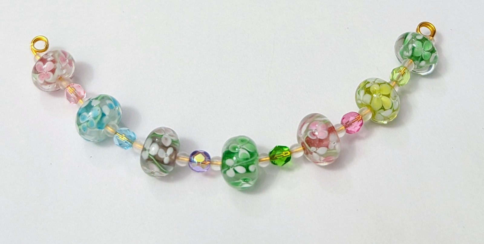 Lampwork Glass Spring Flowers Vintage Rondelle Beads with Czech Glass 7 Pieces