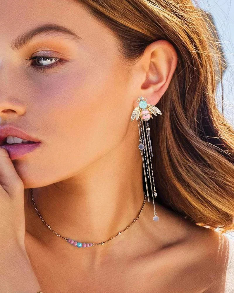 US Seller Betsey Johnson Honeybee Rhinestone Long Dangling Chain Earrings