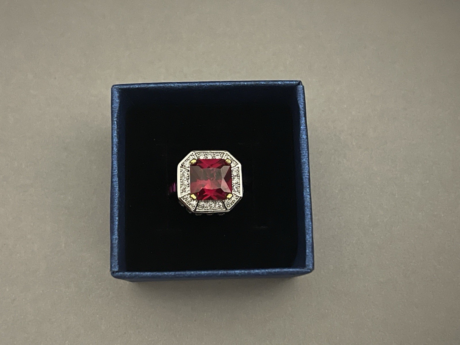 Gorgeous Simulated Princess Cut Ruby and Diamond Silver Ring Size 8