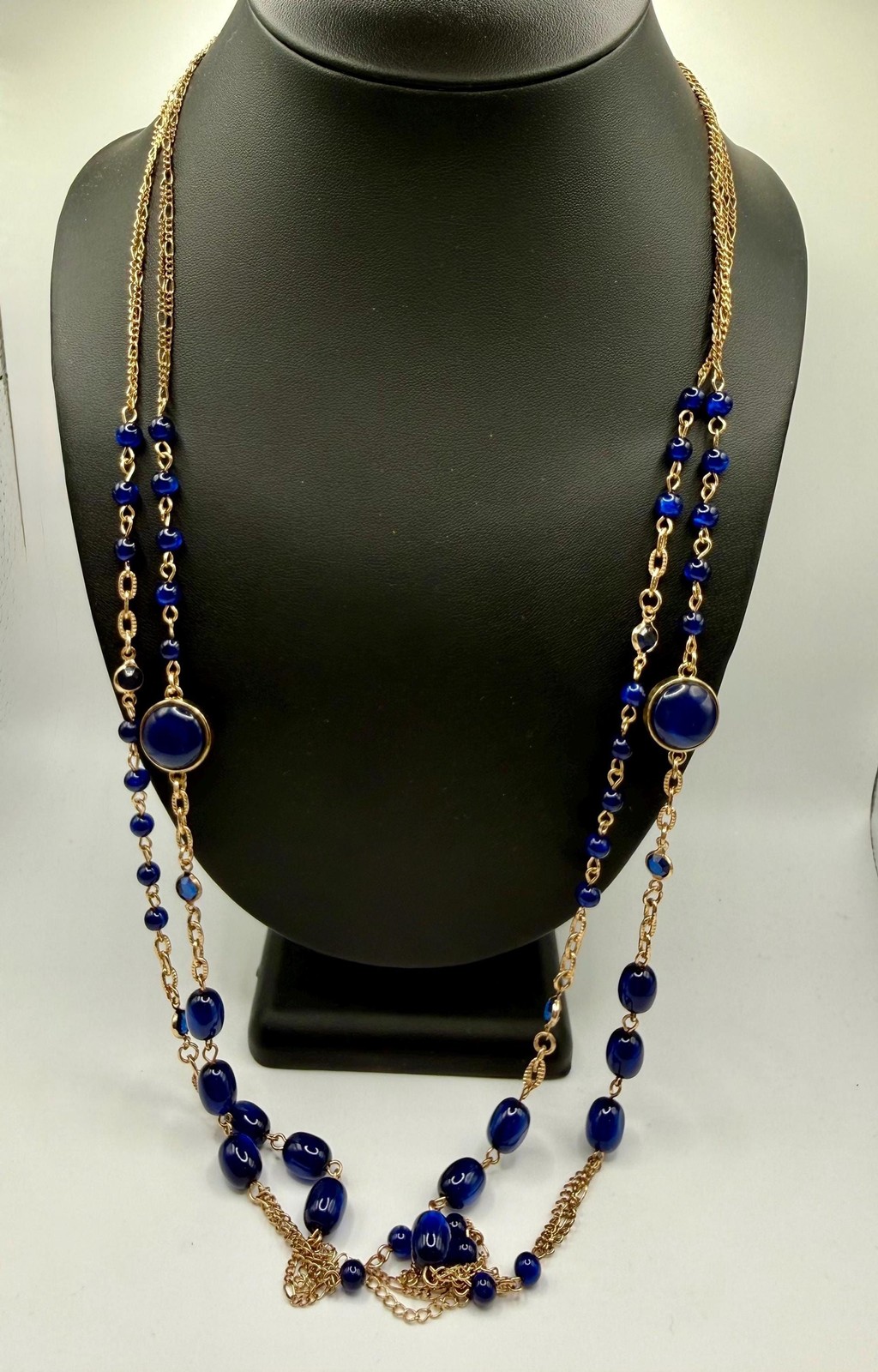 Cobalt Blue Glass Multi Strand Necklace, Gold Tone Layered Festoon Jewelry
