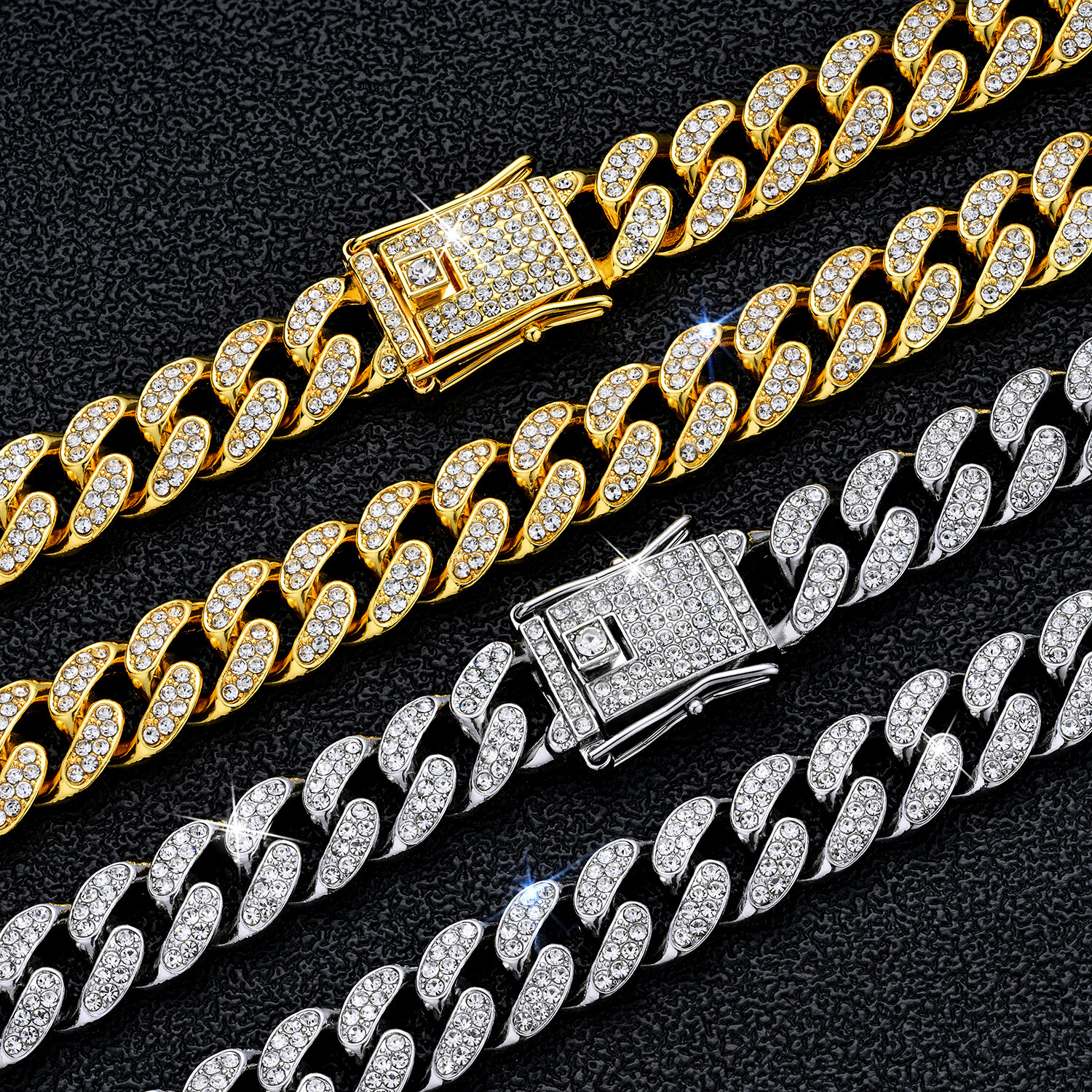Hip Hop Iced CZ Out Cuban Chain Set Gold Plated Cuban Link Chain Necklace 12MM