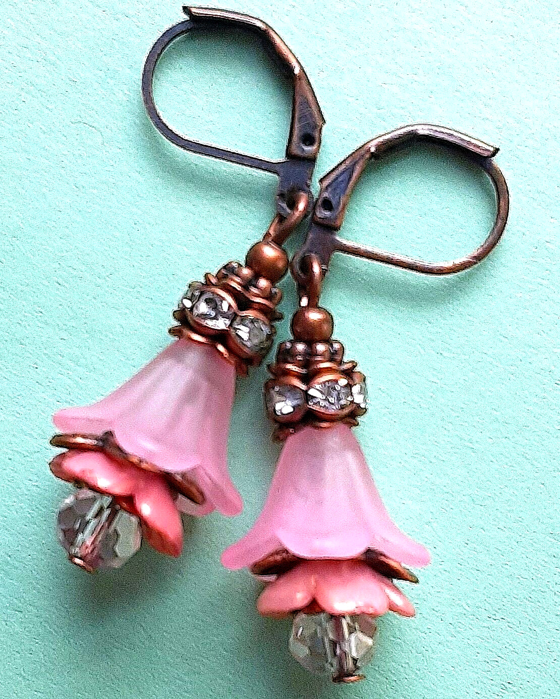 PINK PEACH acrylic FLOWER with CRYSTAL ring earring COPPER color LEVER BACK XX