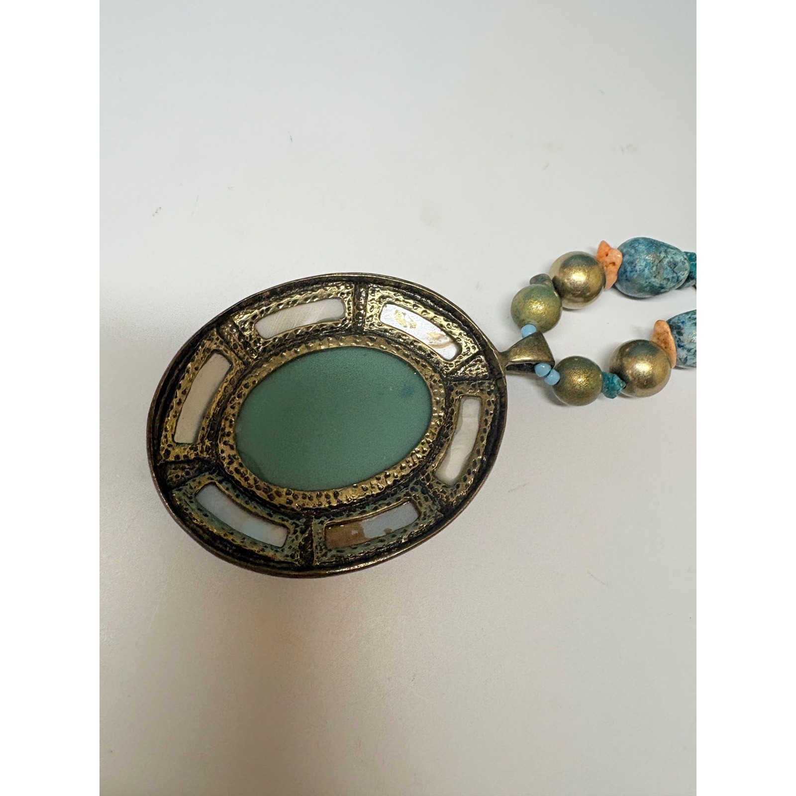 Moussa Artisan Brass Beaded Statement Necklace Teal Gold Oval Pendant Boho