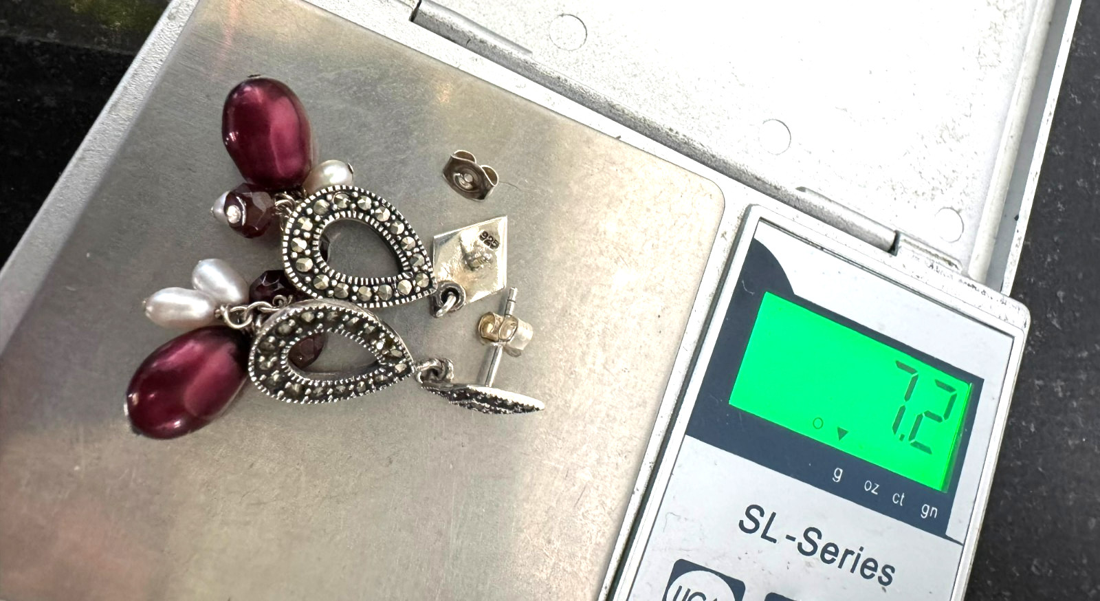 Vintage 925 Sterling Silver Marcasite Burgundy Dangle Earrings